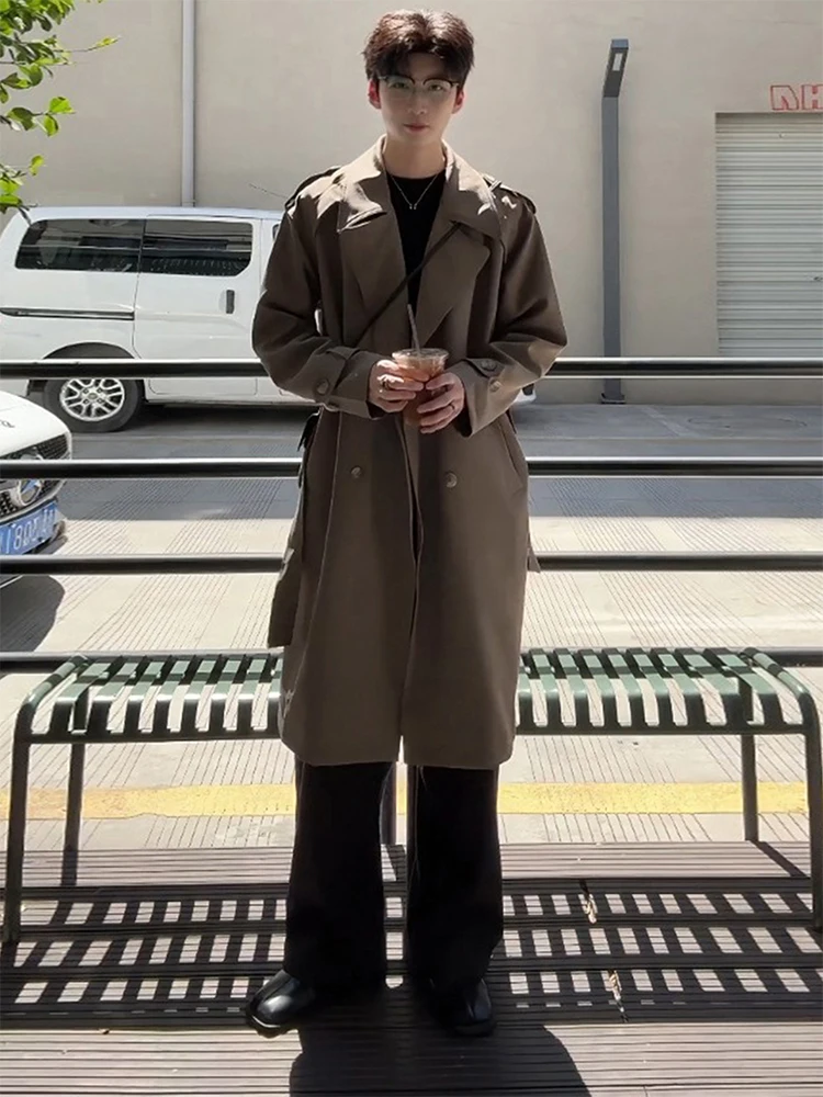 

Korean Sle Men's Casual Long Coat Spring Autumn Season Double Breasted Button Decoration Stand Fit Youth Faion Outerwear
