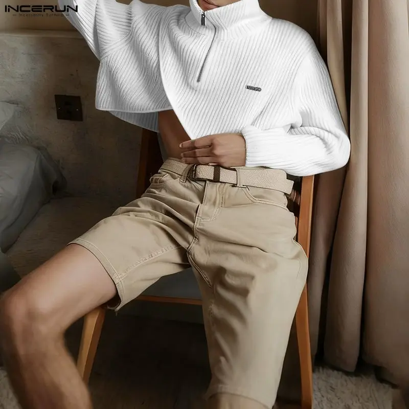 

INCERUN мужские пуловеры однотонные вязаные укороченные топы с лацканами и длинными рукавами мужские уличные модные повседневные свитера нестандартной формы мужская одежда