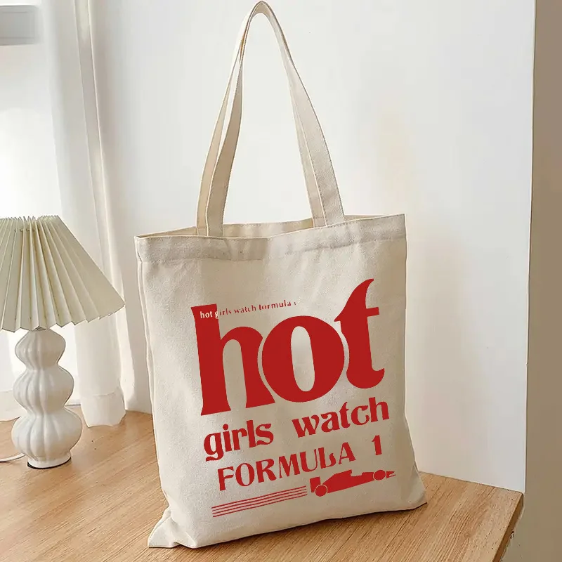 Letter Hot Girls Watch Formula 1 Pattern Tote Bag, Casual Canvas Shoulder Bag, Shopping Bag Carrier Bag