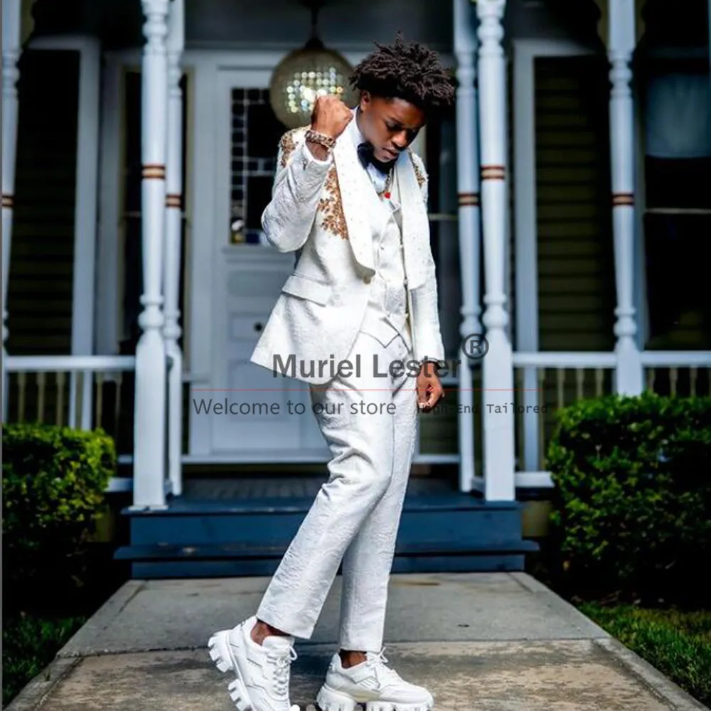 White Jacquard Wedding Suits For Men Shawl Lapel Male Beaded Fashion Prom Blazers Groom Tuxedos 3 Piece Pants Sets Costume Homme