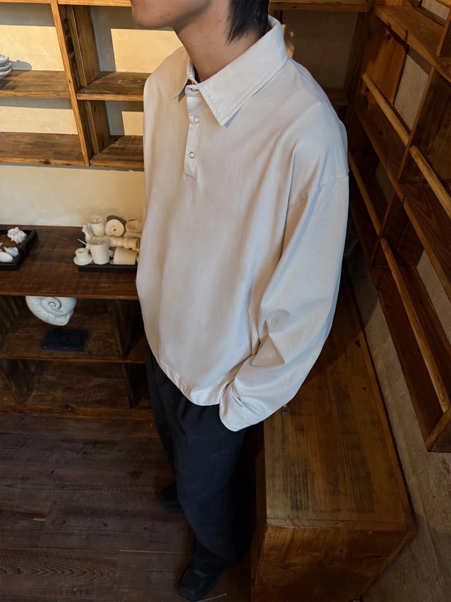 

Свободная мужская футболка Long Sve irt, повседневная однотонная футболка с отложным воротником, весна-лето, модная одежда M