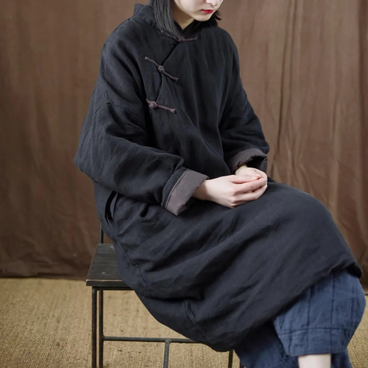 Donna Autunno Inverno Qualità Ramie Sottile Trapuntato Morbido Cappotto Imbottito Pullover Retro Casual Allentato Medio Lungo Stile Qipao Veste Outwear