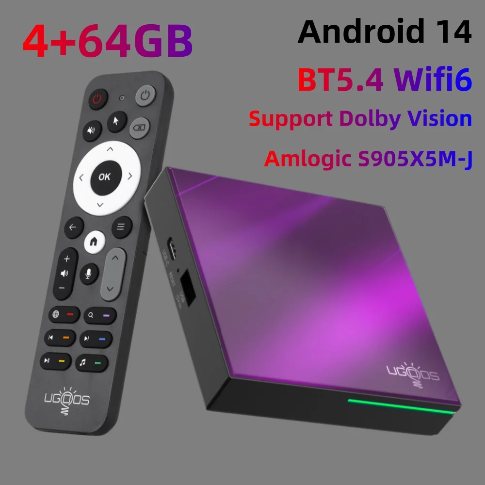 Original Ugoos SK4 TV Box Amlogic S905X5M-J Android14 4GB RAM 64GB ROM BT AV1 1000M Wifi6 2.4G&5G HDR Media Player Set Top Box