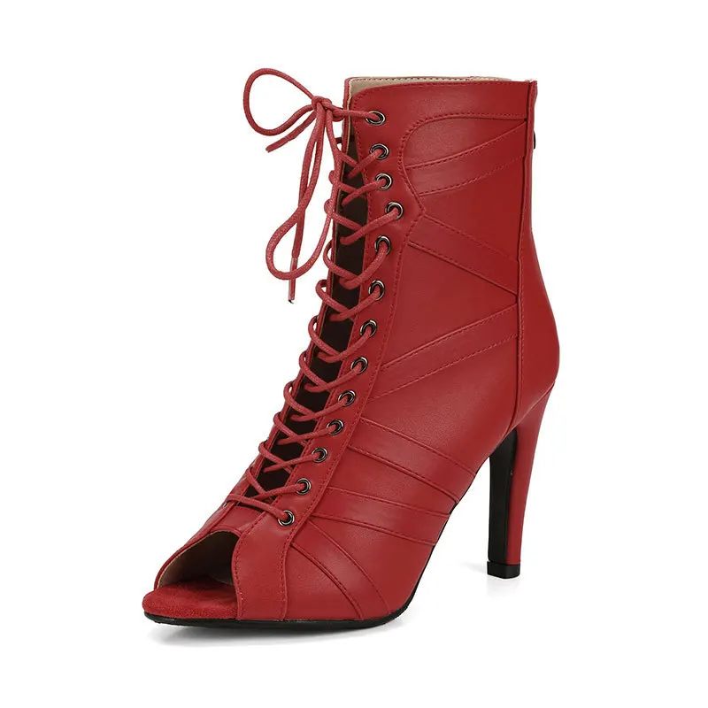 Red Women's Latin Salsa Dance Jazz Dance Shoes Girls Ballroom Dance Club Short Boots Ladies Lace-Up Fashion Dance Boots