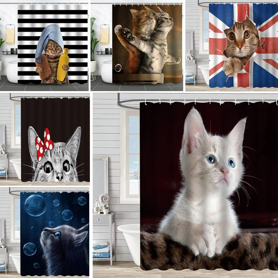 

Занавеска для душа с 3D рисунком животных, кошек, с крючками