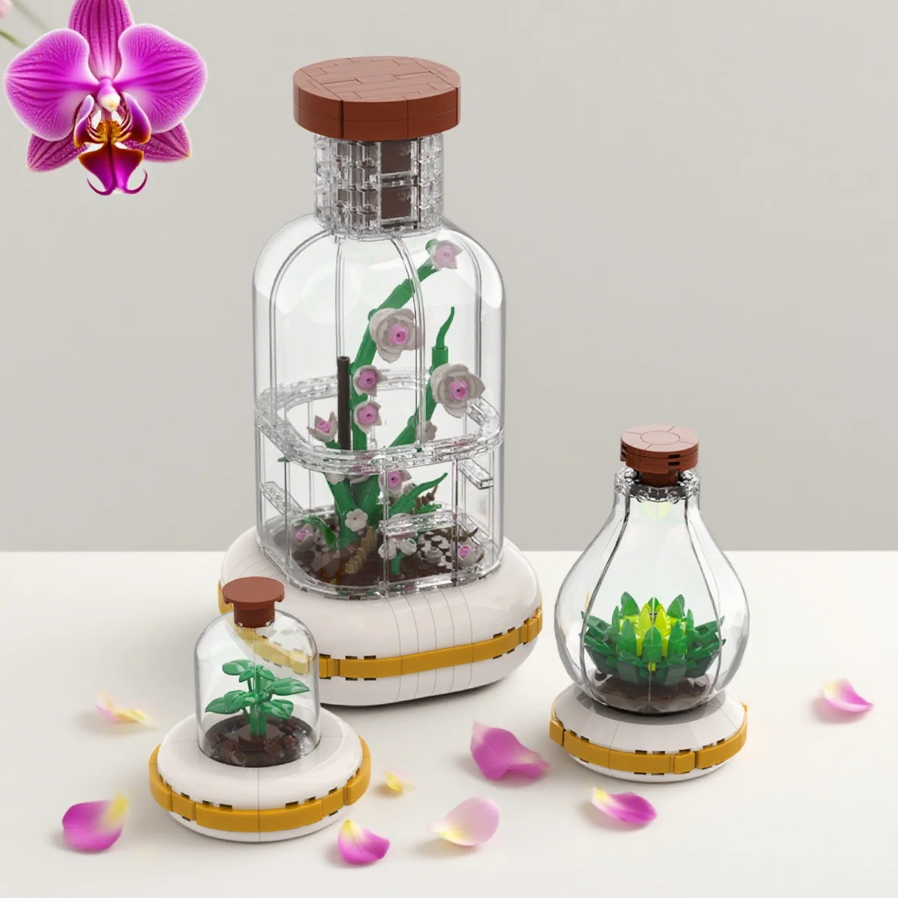 MOC Orchid Glass Vase Botanical Terrariums Building Blocks Miniature Glass Modern Planter Succulents Garden Brick Toys Gift