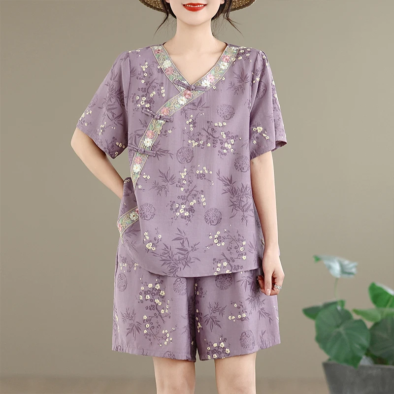 

Fashionable plus Size Women's Cotton Linen Short Sleeve Top And Casual Pants Two Piece Set Summer New Style Belly Covering