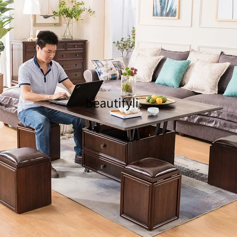 Solid wood lifting coffee table dining table dual-purpose two-in-one mobile folding coffee table variable multi-function