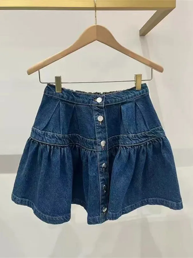 2026 Spring Summer Y2K Fashion Women's French Style Blue Single Breasted Pleated Short High Waist Denim A-Line Skirt