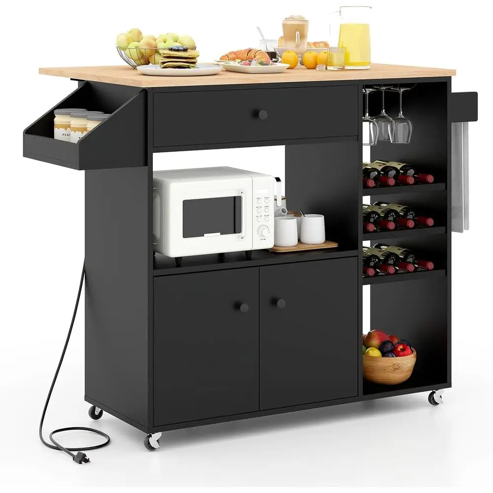 

Kitchen Island Cart with Drop Leaf, Power Outlet, Spice Rack, 12-Bottle Wine Rack, Glass Holder, Storage Cabinet, Towel Rack, Bl