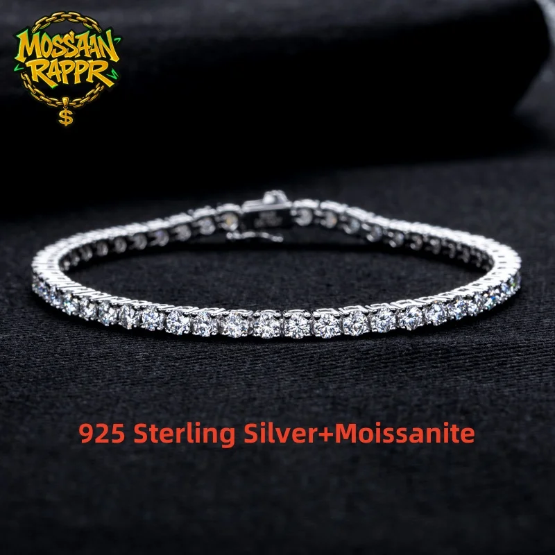 

MossanRappr 3mm 5.2-6.5cttw Moissanite Diamond Tennis Bracelet 925 Sterling Silver Iced Out Hip Hop Jewelry Gifts for Men Women