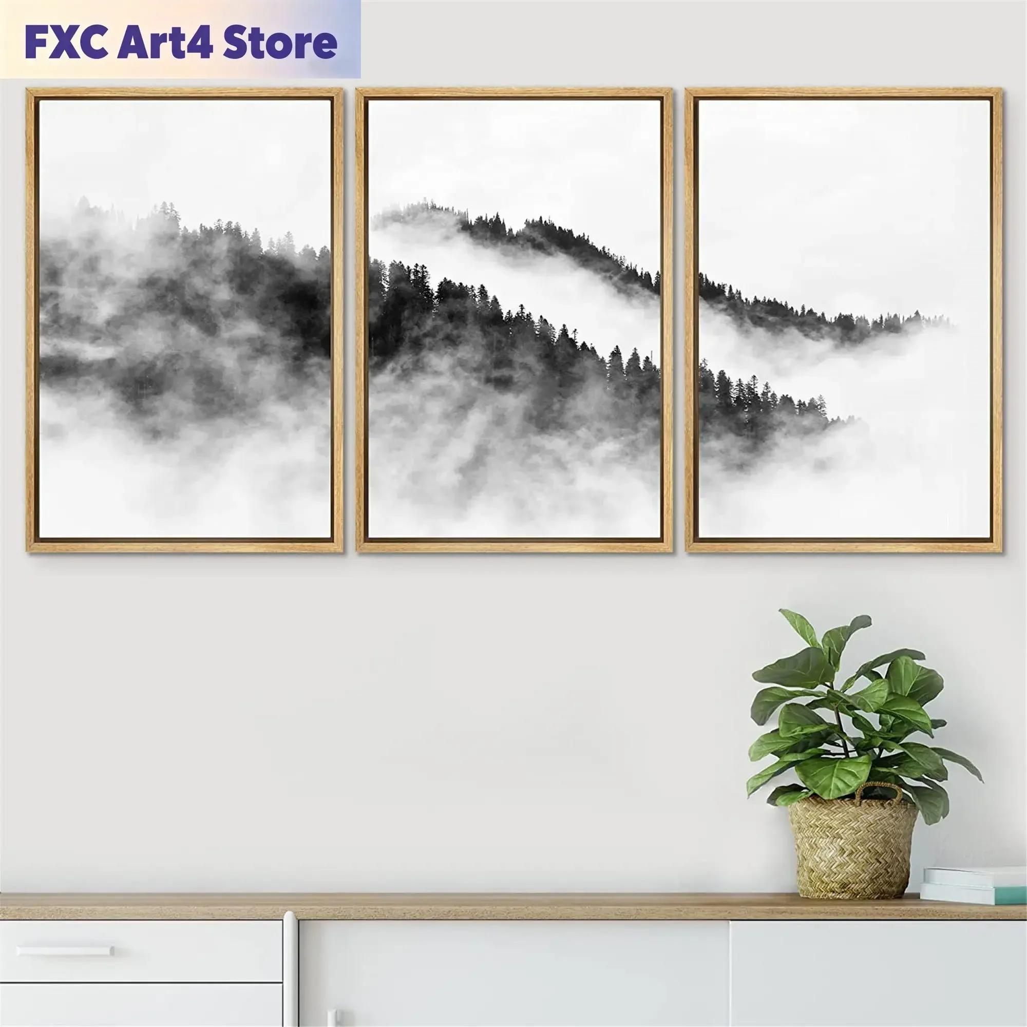 Frameless3 Piece Canvas Wall Art Black and White Misty Mountain Forest Landscape Photography Prints Modern Home Artwork Decor