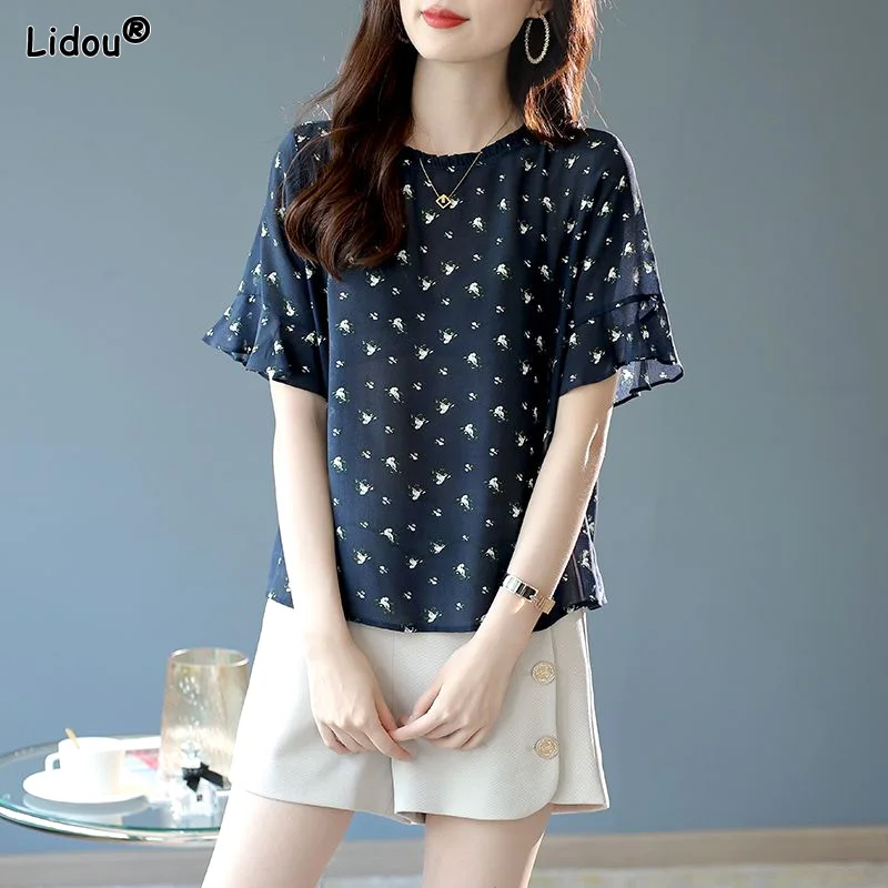 

Casual Printing Round Neck Short Sleeve Ruffles Graceful Pullovers Summer Thin Loose Women's Clothing Comfortable Office Lady