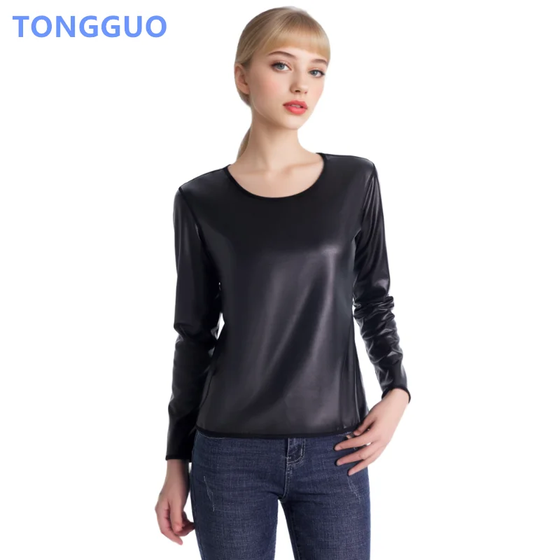 Cool Girl Kunstleder Langarm Shirts Motorrad Biker Body Shaper Taille Trainer Schlankes T-Shirt Mode Lässige Shapewear Tops