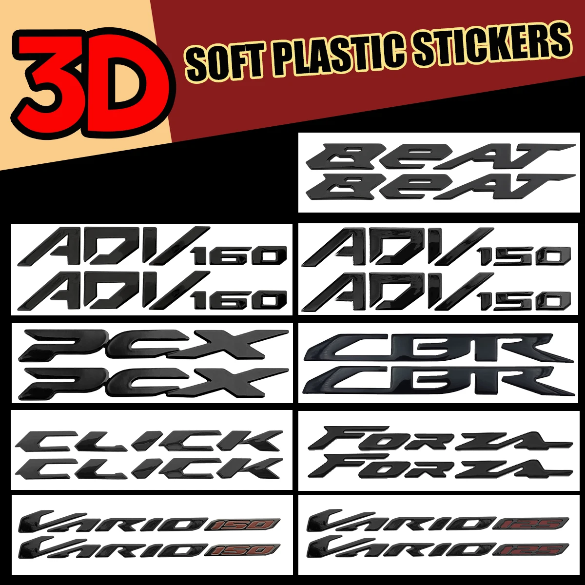 3D Soft Plastic Stickers for Honda ADV160 CLICK125i 150 FORZA PCX150 160 VARIO125 150 BEAT CBR Motorcycle Modification Stickers