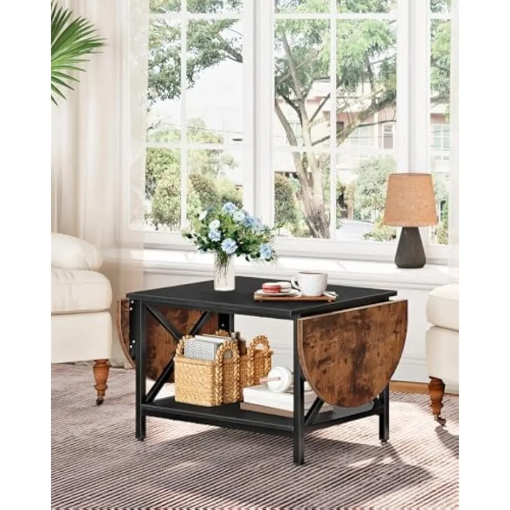 47.2" Folding Coffee Table, 2-Tier Extendable Coffee Table, Rustic Brown and Black TKF02BF