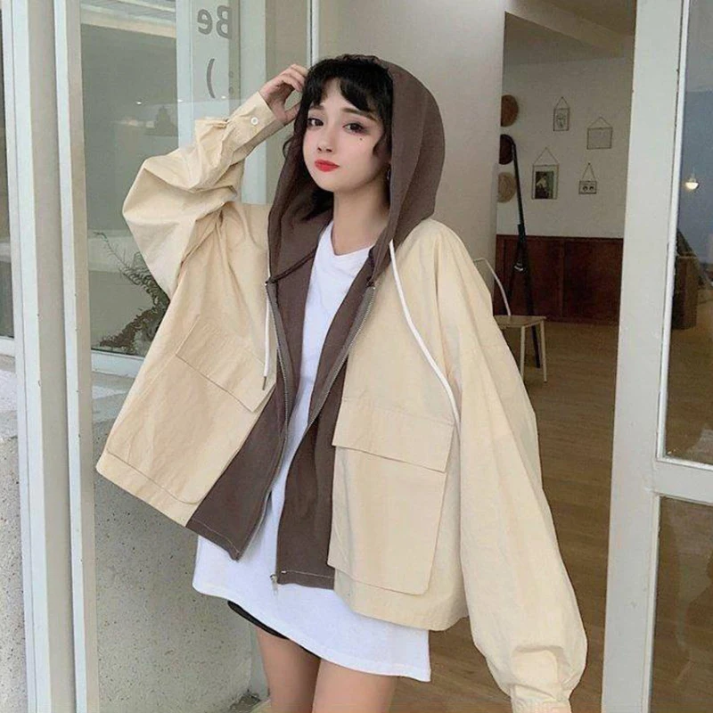 Hdspq Vintage Hooded Patchwork Jacket Women Spring Autumn Fashion Short Zipper Cargo Coats Woman Korean Student Loose Overcoat