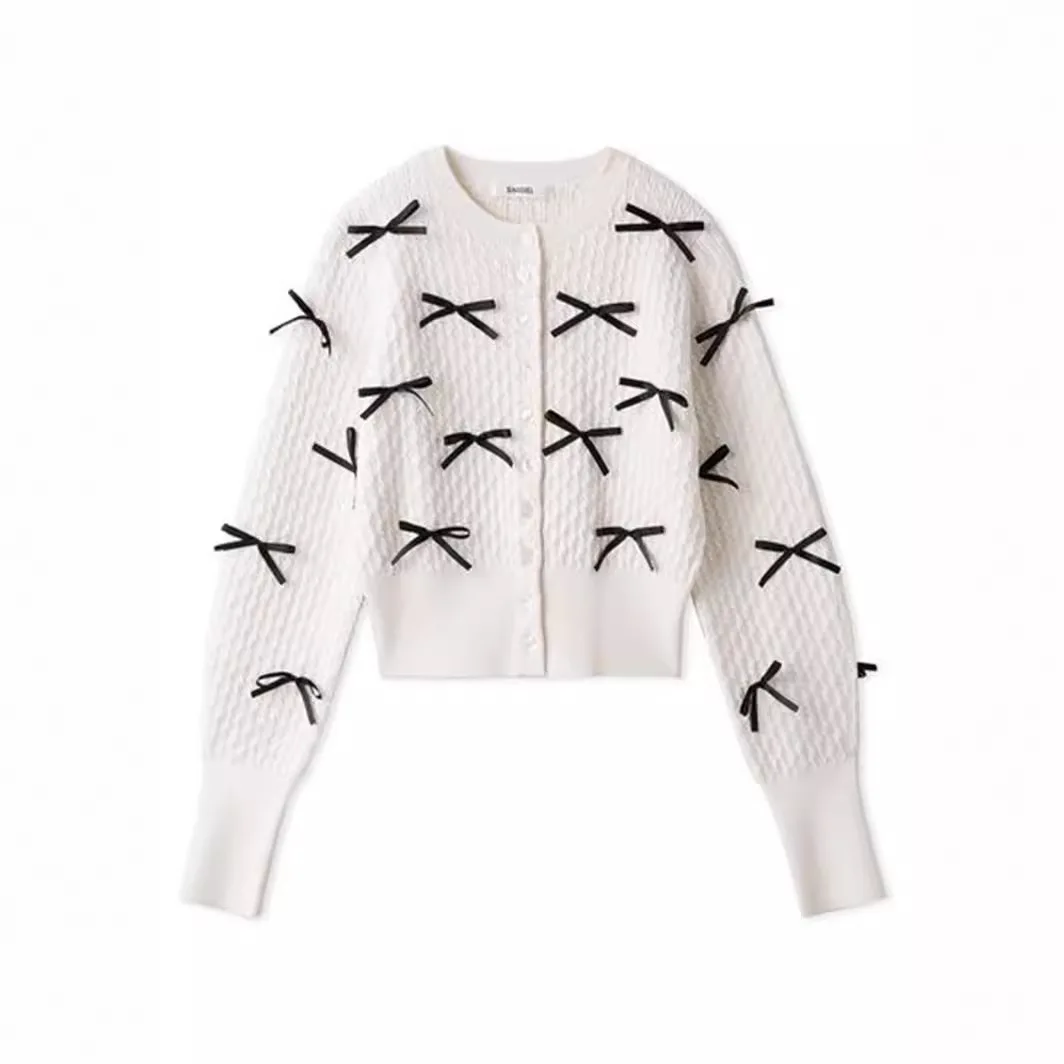 Japanese 2026 New Spring Long Sleeve Knitted Cardigans Top O-neck Single-breasted Elegant Bow Slim Women Knitting Crop Sweater