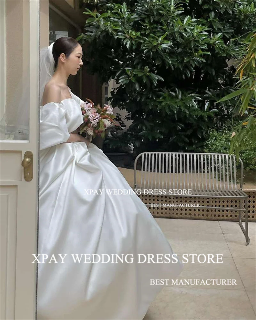 XPAY Sweetheart Korea Wedding Dresses Satin A Line Elegant Wedding Photography Gowns Puff Sleeve Floor Length Robe de marriage