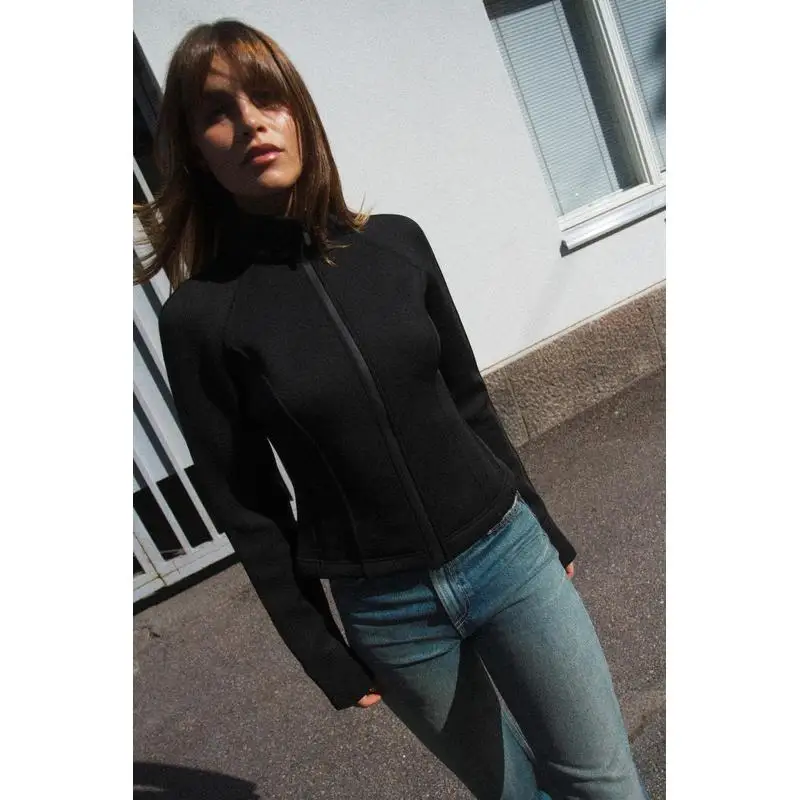 レディースダイビングスーツ生地風長袖ジャケット新作秋冬ストリートスタイルショートアウターポロカラーボタン留め