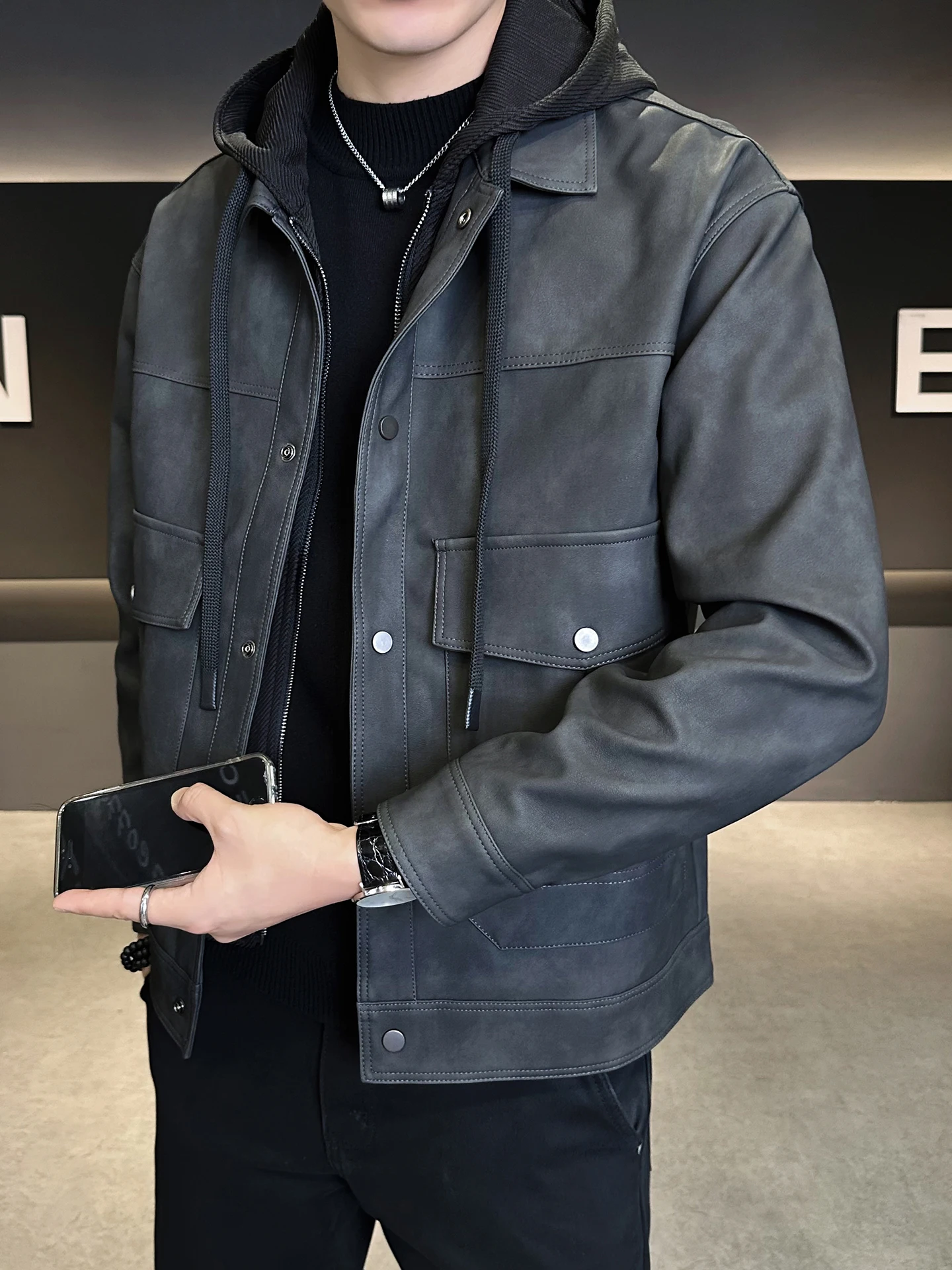 

Мужское байкерское пальто Sli из искусственной кожи с капюшоном, съемное модное брендовое пальто на весну и осень, Новое поступление, крутое модное пальто Haome