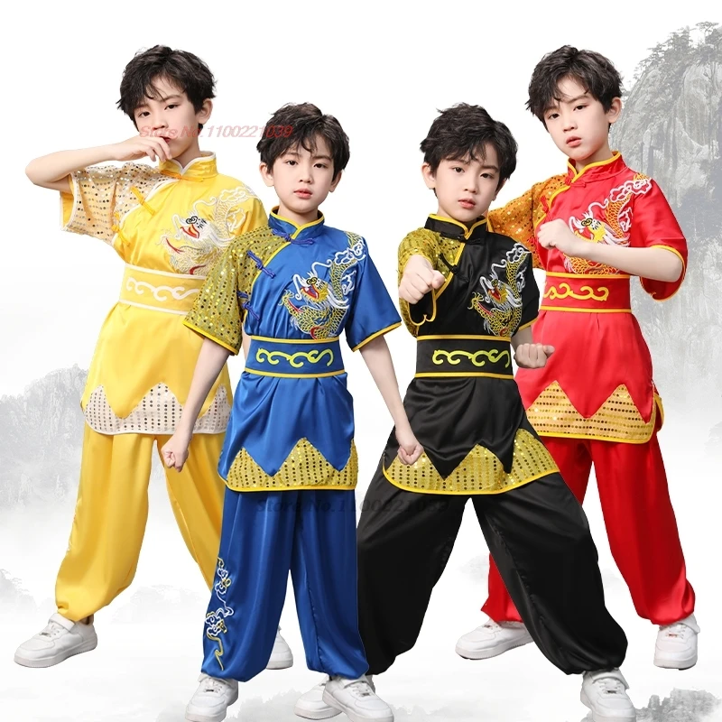 2024 chinese vintage wushu shaolin set dragon embroidery sequin uniforms children kung fu martial arts training exercise suit