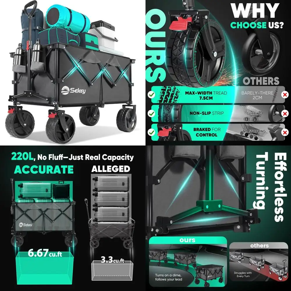 

Collapsible Wagon Cart with Big All-Terrain Beach Wheels, Foldable Heavy Duty Wagons with Cup Holders, Utility Carts for Camping