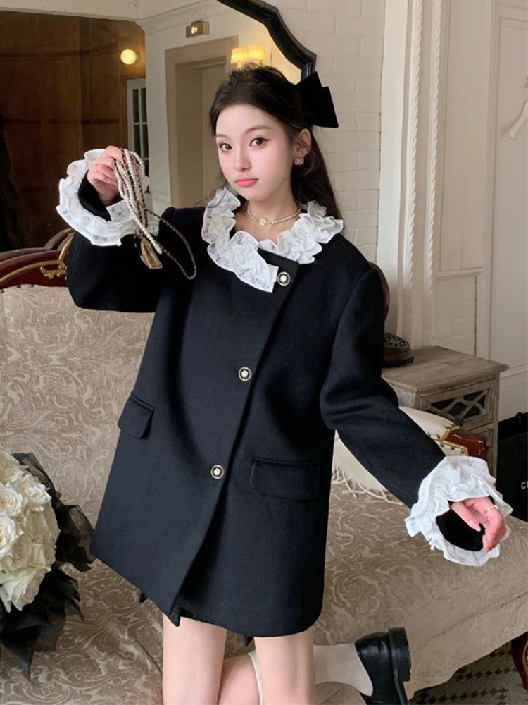 

Black Elegant Ruffle Blazers Women Long Sleeve Lace Patchwork Button Suit Coats Small Fragrance Loose Casual O Neck Jacket New