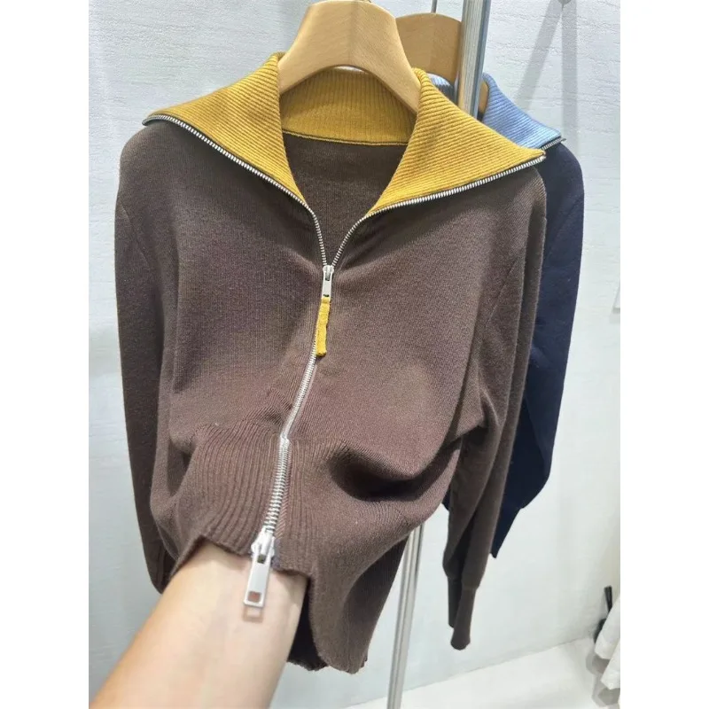 

Double Zipper Lapel Knitted Cardigan Women's Sweater Jacket Autumn New Style Bottoming Style Versatile Elegant Top