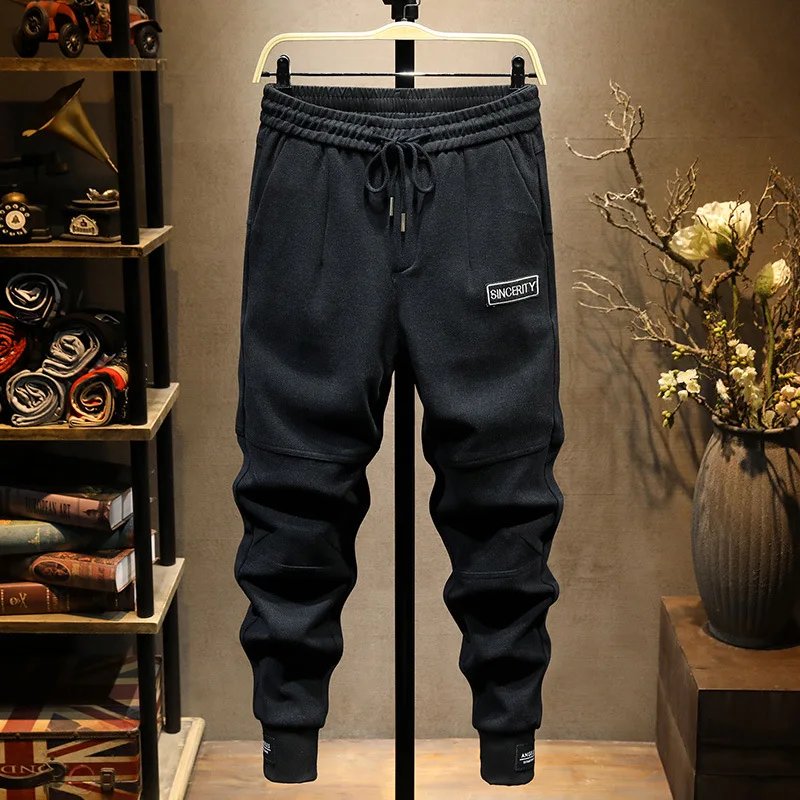 

Autumn Winter Black Casual Pants Men's High-End and Fashionable Trendy Brand Thick Sweatpants Ankle-Tied Stretch Sports Pants