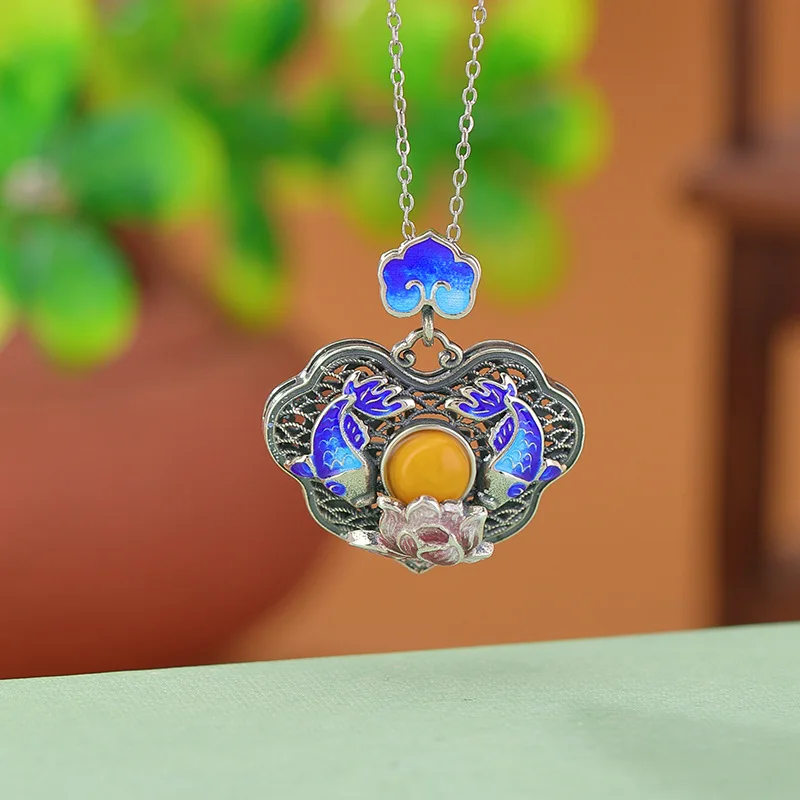S925 Sterling Silver Amber Enamel Good Luck Carp Lock Pendant Ruyi Hanging Ornament
