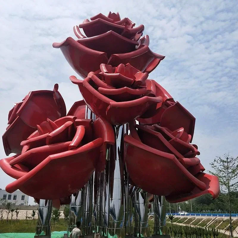 Modern Outdoor Abstract Rose Flower Sculpture Garden Park Yard Decoration Metal Crafts Stainless Steel Rose Sculpture