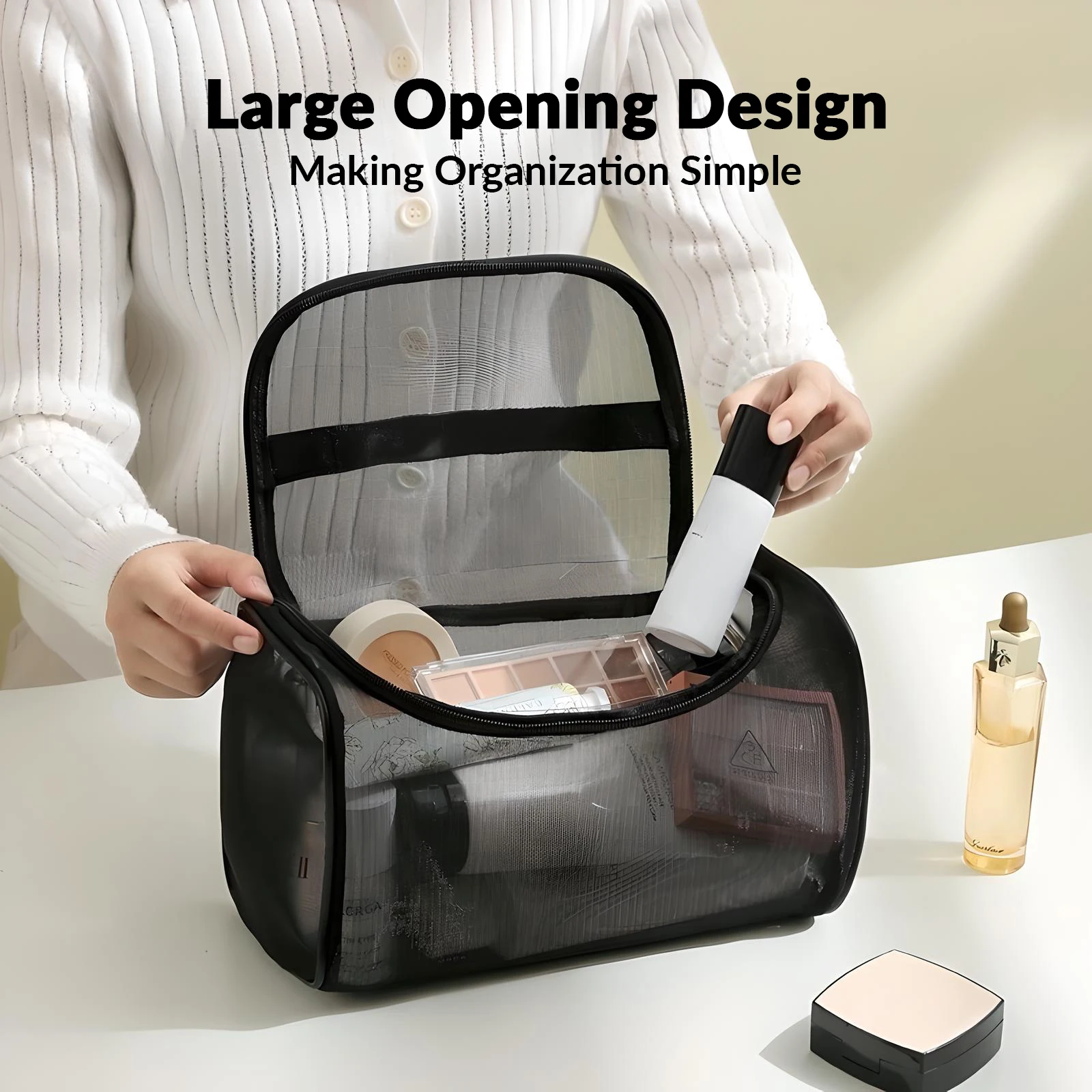 Clear Mesh Design Travel Makeup Bag - Large Capacity Cosmetic Organizer With Handle, Nylon Makeup Pouch, Available In Various