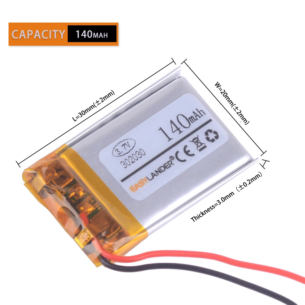 CE+Rohs 302030 3.7V 140mAh rechargeable Li polymer Lipo battery 322030 For Mp3 Player Game Pad Headset Headphone