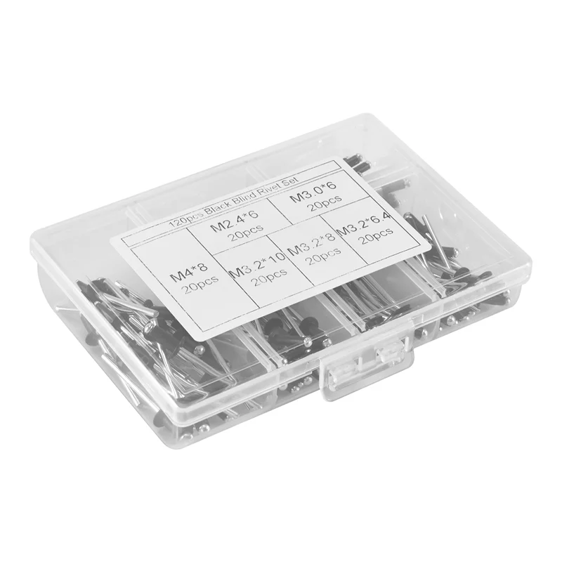 

A61I 120Pcs/Set M2.4 M3.0 M3.2 M4 Black Aluminium Blind Rivets Nail Decoration Rivets For Furniture Assortment Kit Hw078