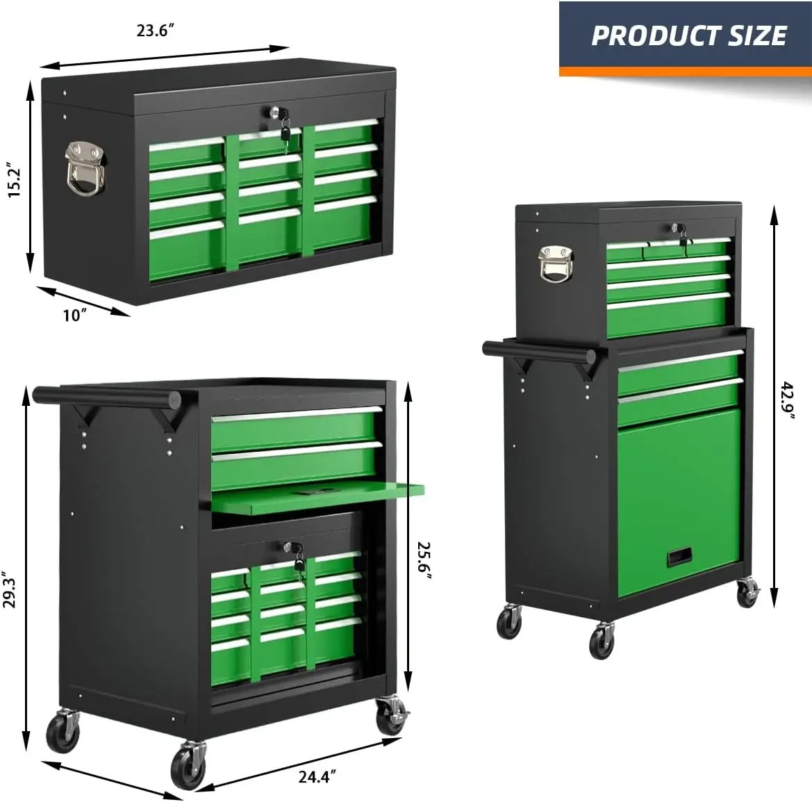 Rolling Tool Box, Lockable Rolling Tool Chest with Wheels and Drawers, 2 in 1 Large Capacity Storage Tool Cabinet for Garage, Wa