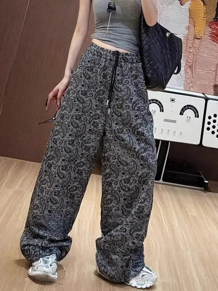 

Свободные тонкие повседневные прямые спортивные брюки с принтом, широкие женские весенне-летние тонкие брюки