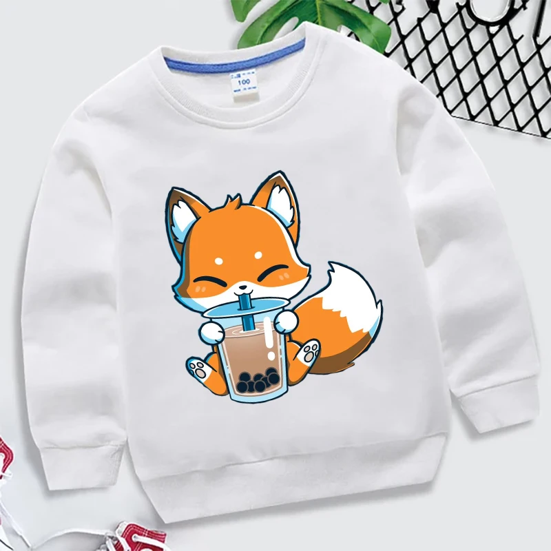 Autumn New Children's Fox Drink Boba Tea Cartoon Sweatshirts Baby Girls Clothes 3-14Years Kids Crew Neck Tops Pullovers For Boys