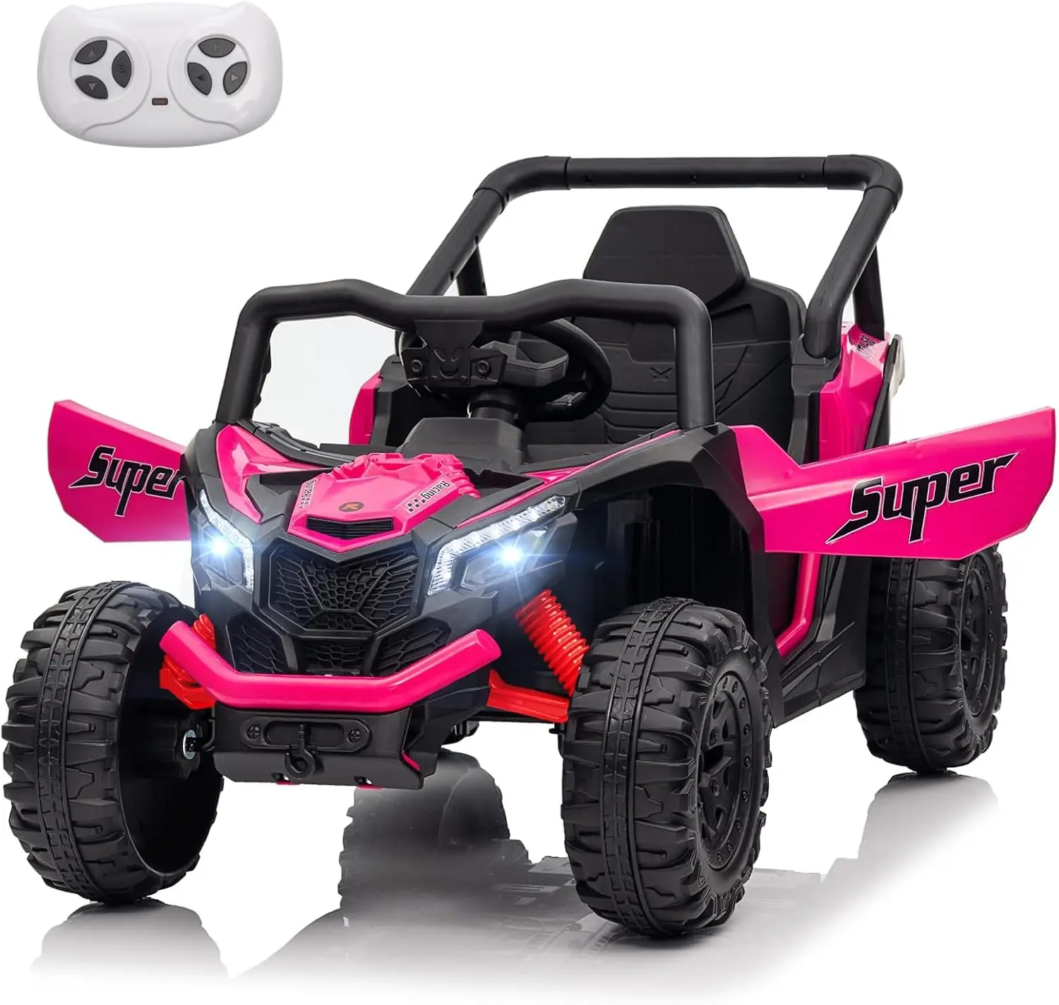24V Kids Electric Ride On Car Toy UTV Remote 4WD Pink Age 3 7 Parent Bluetooth Music All Terrain Tire Seatbelt Gas Pedal LED Lig