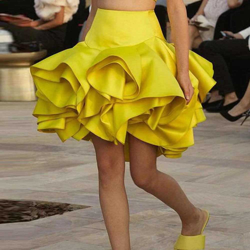 

Yellow Ruffles Short Skirts Women Saias Girls Party Gowns Above Knee Skirt For Lady Skirt Custom Color And Size