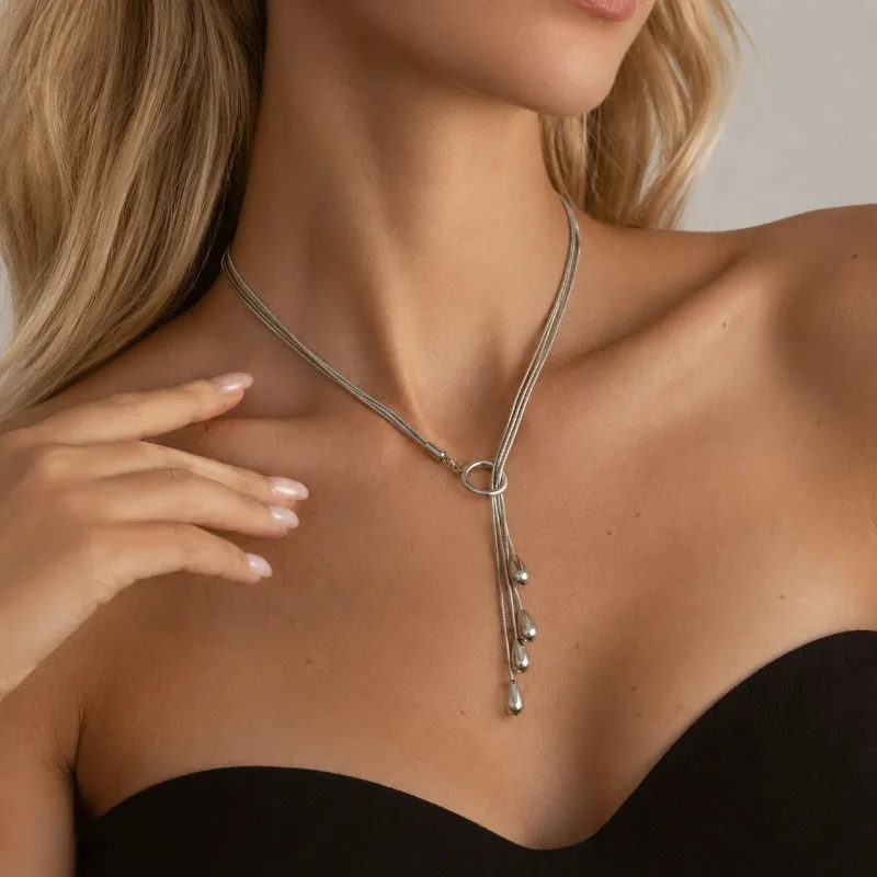 Women Multi‑Strand Teardrop Tassel Pendant Necklace Silver Tone Snake Chain O‑Ring Clasp Minimalist Elegant Daily Neck Jewelry