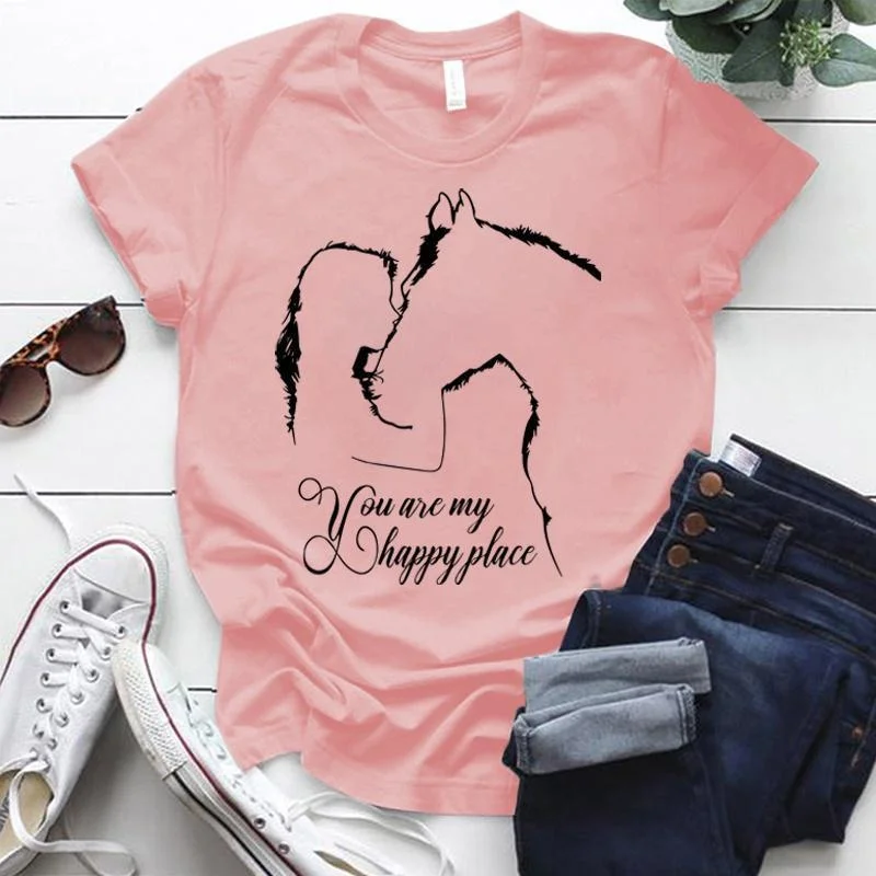 T-shirt manches courtes col rond femme, estival et humoristique, imprimé cheval et fille, You Are My Happy Place