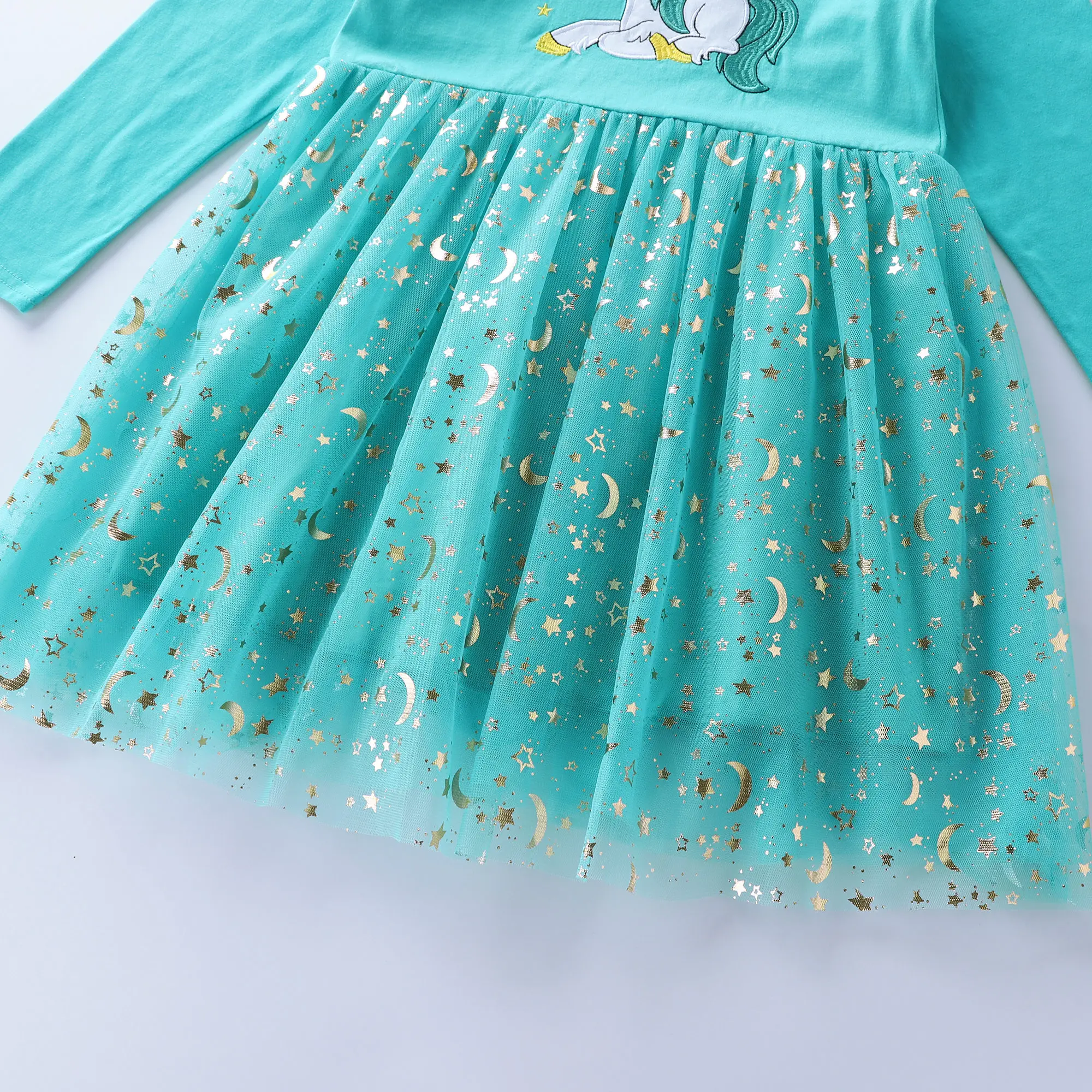 Mädchen Herbst Neue Baumwolle bestickt Cartoon Einhorn Mesh Kleid – Detail 13