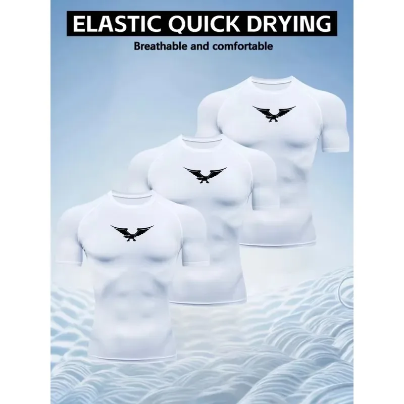 3Pcs Men Compression T-Shirts Quick Dry Short Sleeve Gym Tops Eagle Print Breathable Elastic Workout Running Fitness Sportswear