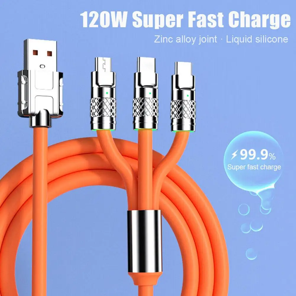 3 In 1 120W 6A Fast Charging Type C Cable Micro USB For IPhone Charging Cable For Samsung Phone Charger USB Cable