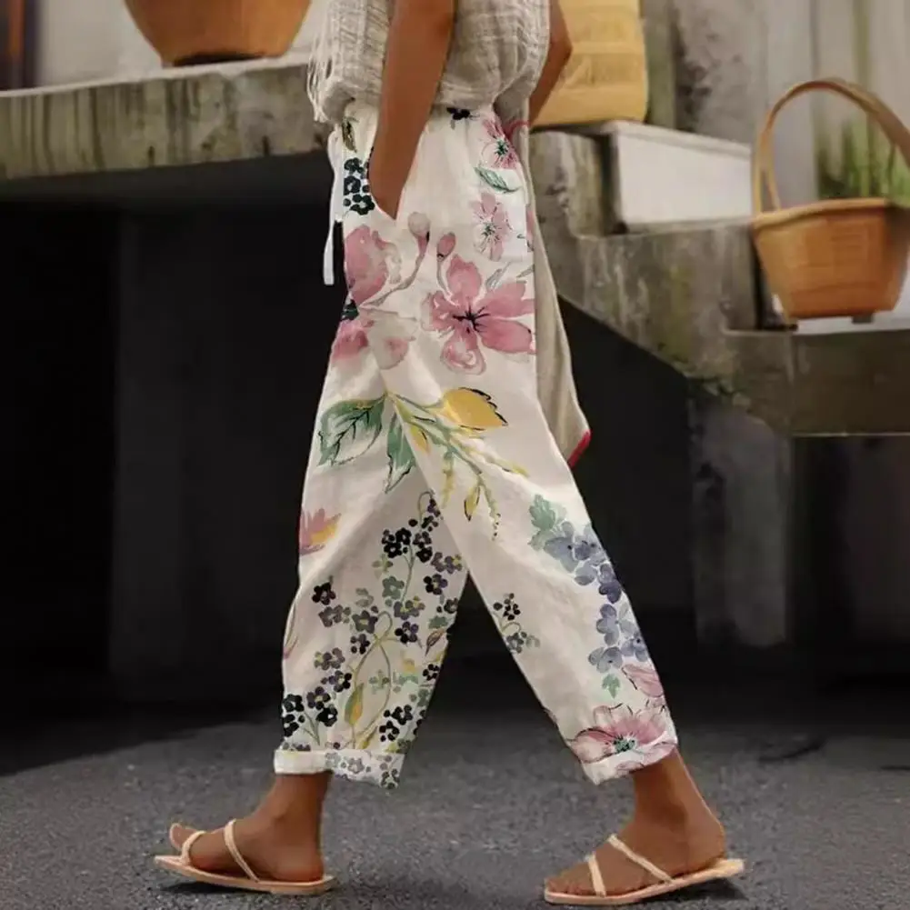 Digital Floral Print Women Pants Elastic Waist Drawstring Harem Pants Rolled Hem Colorful Floral Beach Pants Commuting Trousers