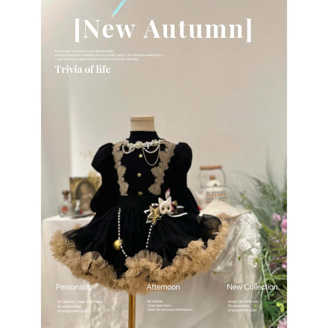 Primavera autunno eleganza nero principessa abbigliamento Top Shirt + Puffy Short Tutu gonna 2 pezzi ragazze set bambini bambino Retro Party Cloth