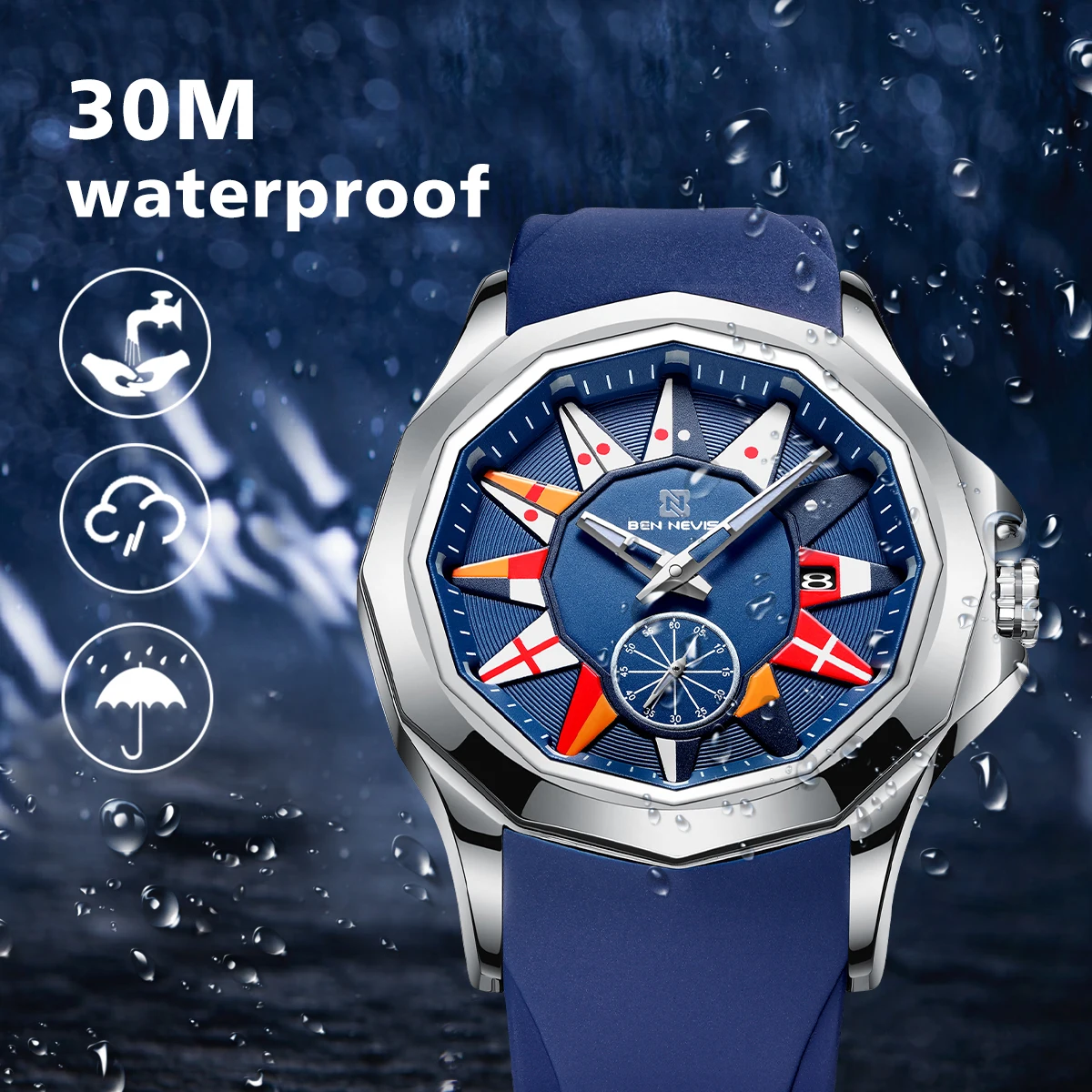 BEN NEVIS Luxury Watch Business Waterproof Male Clock Luminous Date Silicone Strap Quartz Men Watch Male Wristwatch BN3020G