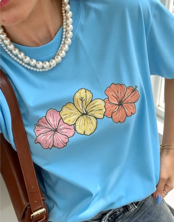 2026 New Fashion Women Crew Neck Elastic Short Sleeve T-Shirt Y2K Summer New Colorful Hibiscus Flower Slogan Print Gentle Retro Girl Stylish Casual Tops Basic Top T-Shirt