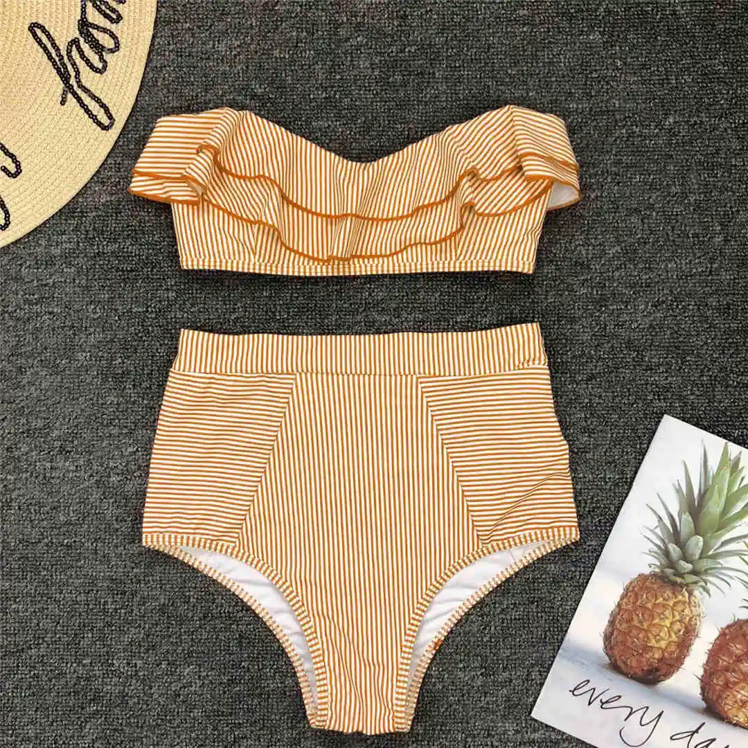 Gestreifter Bandeau-Bikini mit Rüschen, Damen-Badeanzug, hochtailliert, zweiteiliger Bikini, Badebekleidung, Badeanzug, Modell V1183. – Detail 22
